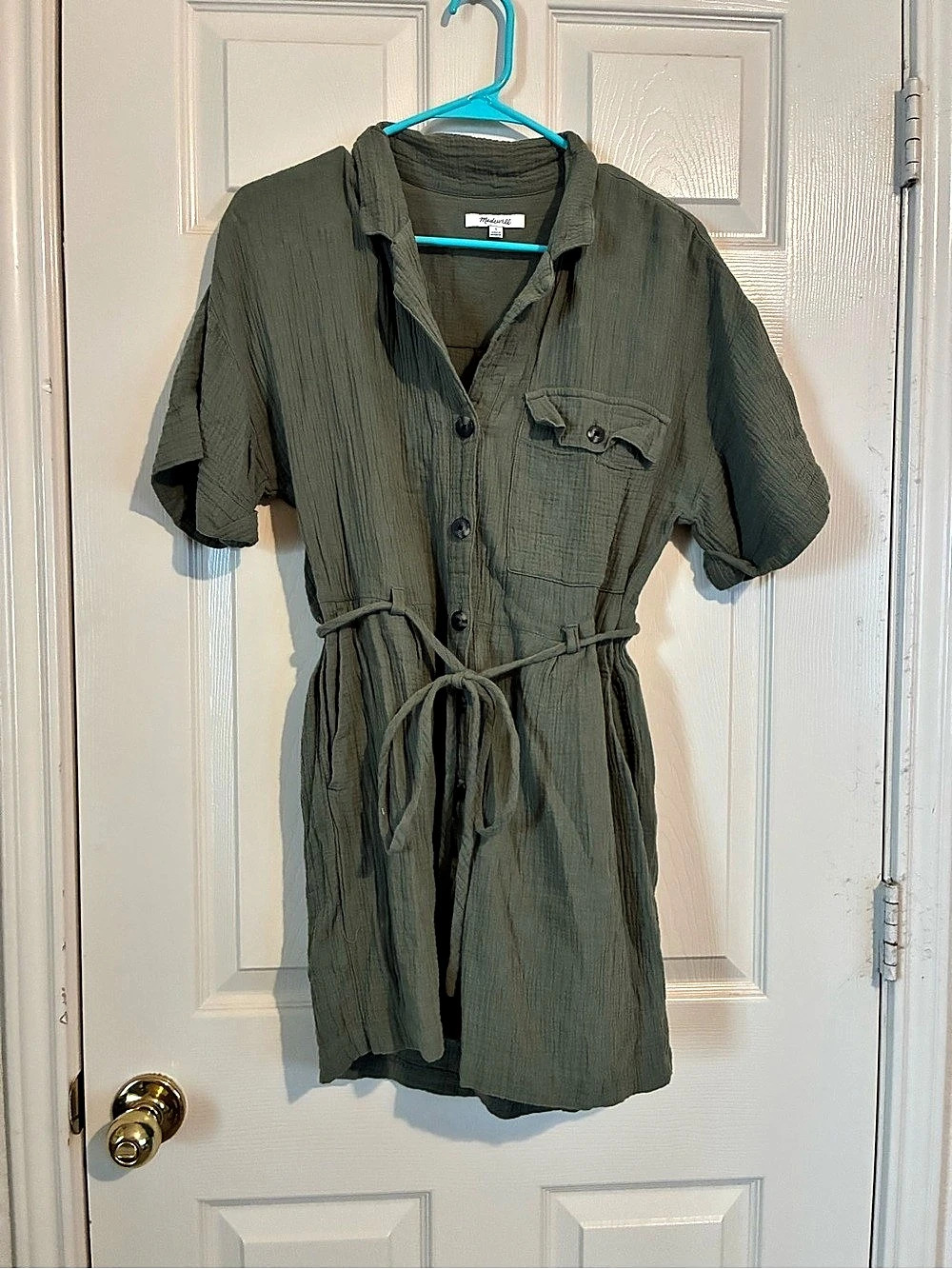 Madewell Lightspun Belted Safari Romper 100% Cotton Romper in Green Size Small
